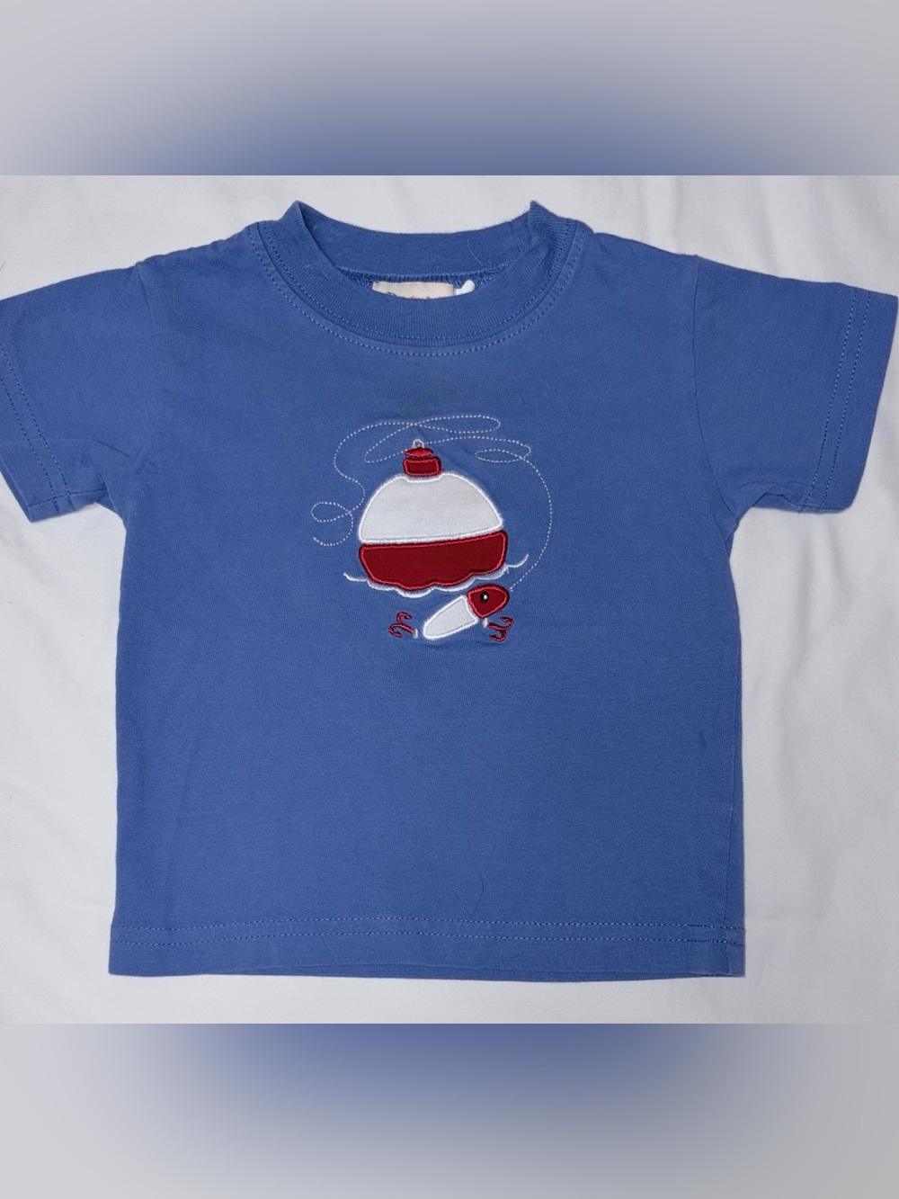 Baby Luigi sweet blue tee with fishing bobber applique sz 12 months EUC